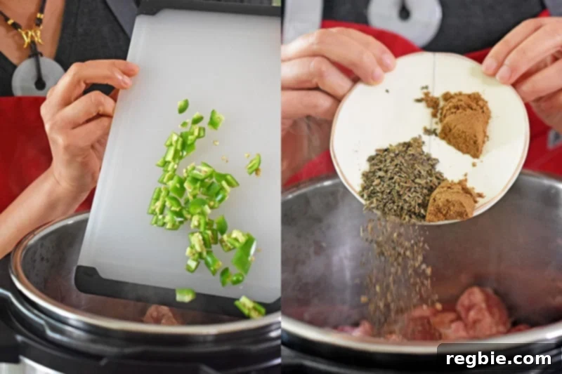 Adding diced peppers and spices to the pork shoulder in the Instant Pot.