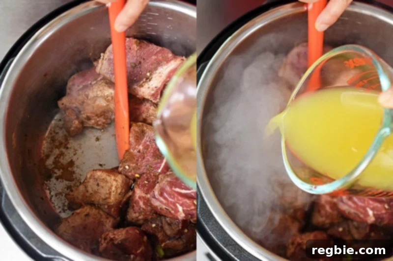 Pouring pineapple juice into the Instant Pot Spicy Pineapple Pork.
