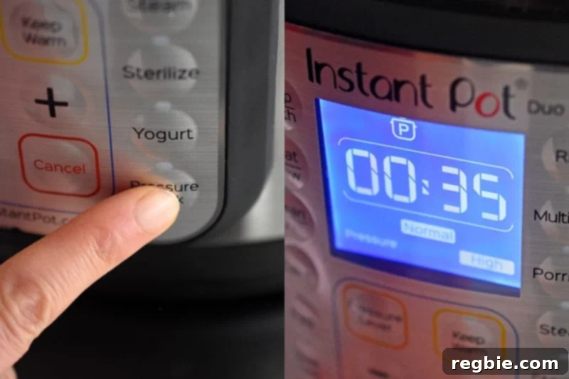 Programming the Instant Pot to cook 35 minutes under high pressure.
