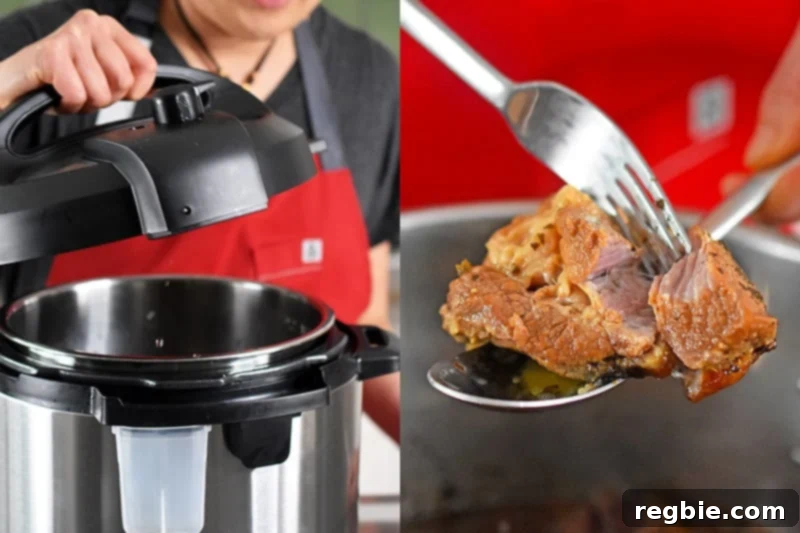 Opening the Instant Pot and checking that the pork is fork tender.