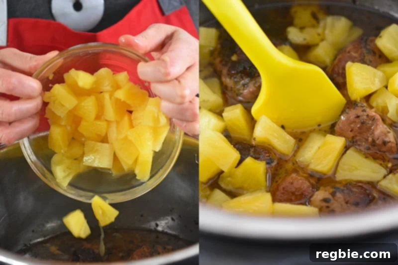 Adding the canned pineapple to the cooked Instant Pot Spicy Pineapple Pork.