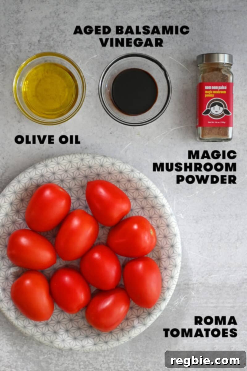 Umami-Packed Oven-Roasted Tomatoes: Easy, Whole30, Keto, Low Carb 4 An overhead shot of the raw ingredients for oven roasted tomatoes