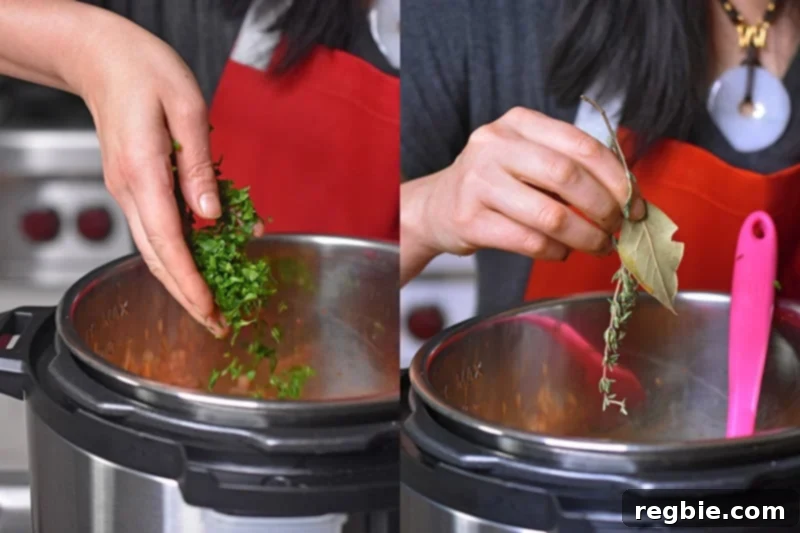 Adding freehand dried herbs (parsley, bay leaf, thyme) to an Instant Pot (Pressure Cooker) for Whole30 Orange Duck and Gravy.