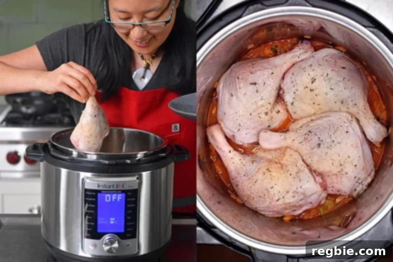 Adding duck legs skin side up in an Instant Pot, positioned on top of the vegetables for Orange Duck and Gravy.