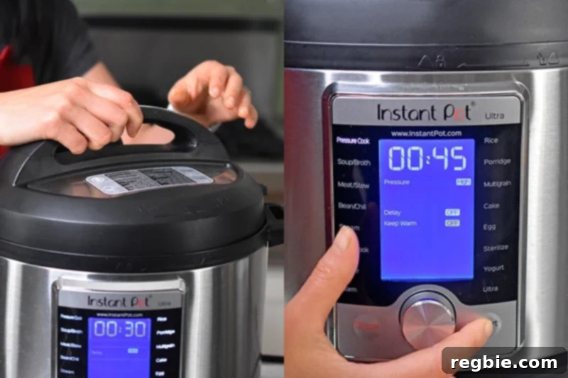 Locking the lid on the Instant Pot and programming it to cook for 45 minutes under high pressure.