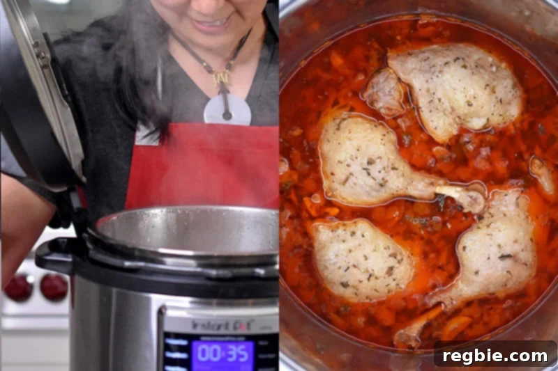 Unlocking an Instant Pot, revealing an overhead shot of the finished orange duck legs and gravy mixture after pressure cooking.