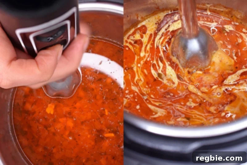 Blending the gravy in an open Instant Pot with an immersion blender to create a smooth consistency.