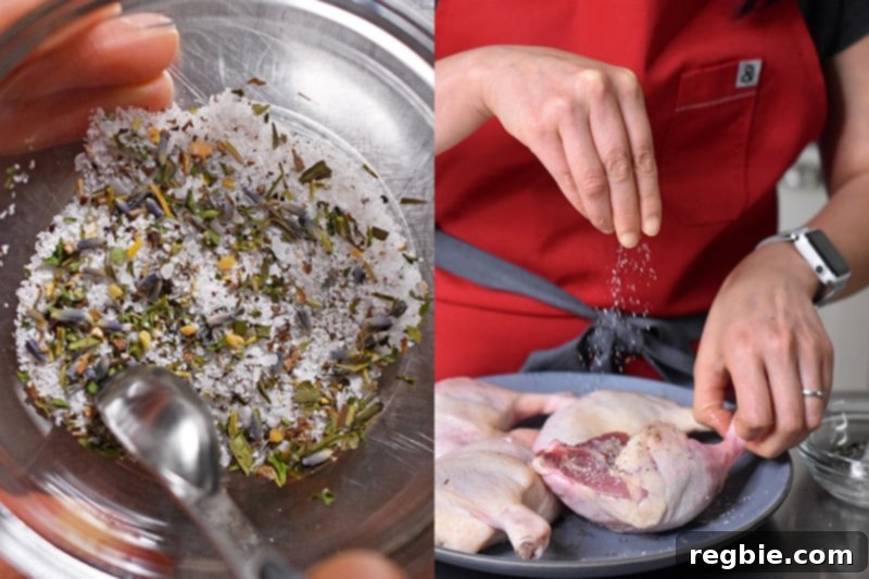 An overhead shot of herbs de Provence and salt in a bowl and someone sprinkling it on duck legs for seasoning.