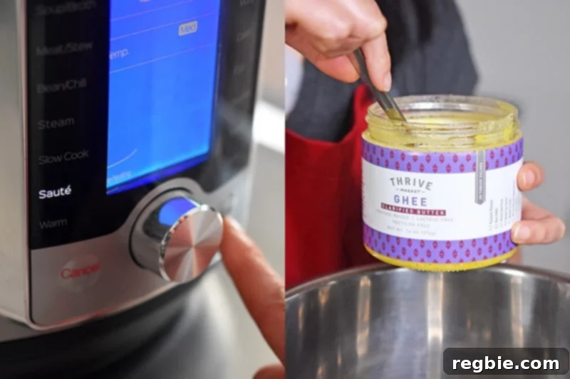Turning on the Instant Pot's saute function and adding ghee to the hot inner pot.