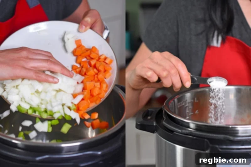 Adding diced onions, carrots, and celery to an open Instant Pot and salting them while sautéing.