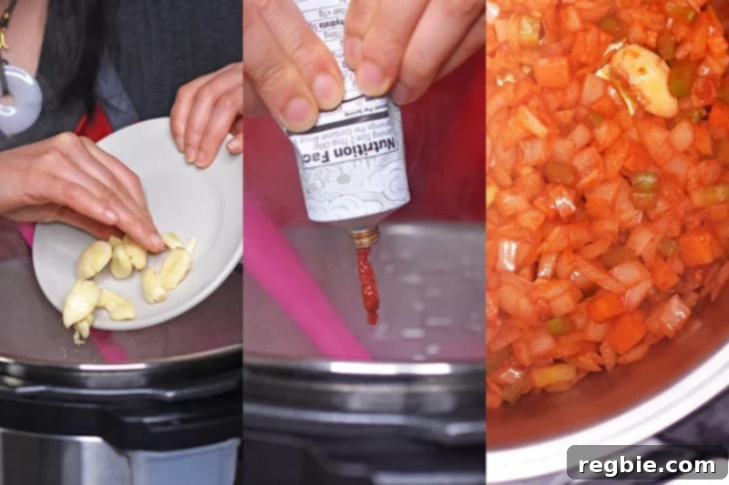 Adding smashed garlic cloves and tomato paste to the sautéed vegetables in an open Instant Pot for orange duck and gravy.