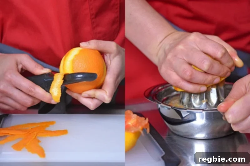 Peeling orange zest and juicing an orange to make Instant Pot (Pressure Cooker) Orange Duck and Gravy.