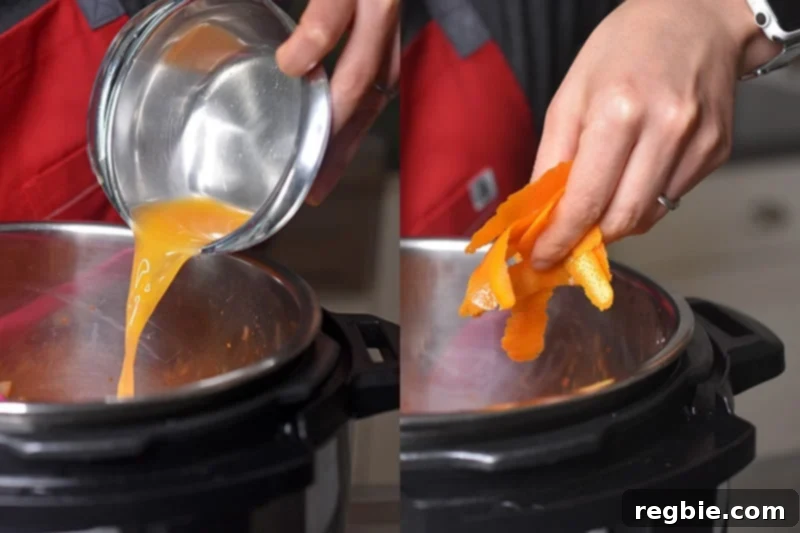 Pouring orange juice and orange zest into an open Instant Pot (Pressure Cooker) to make Orange Duck and Gravy.