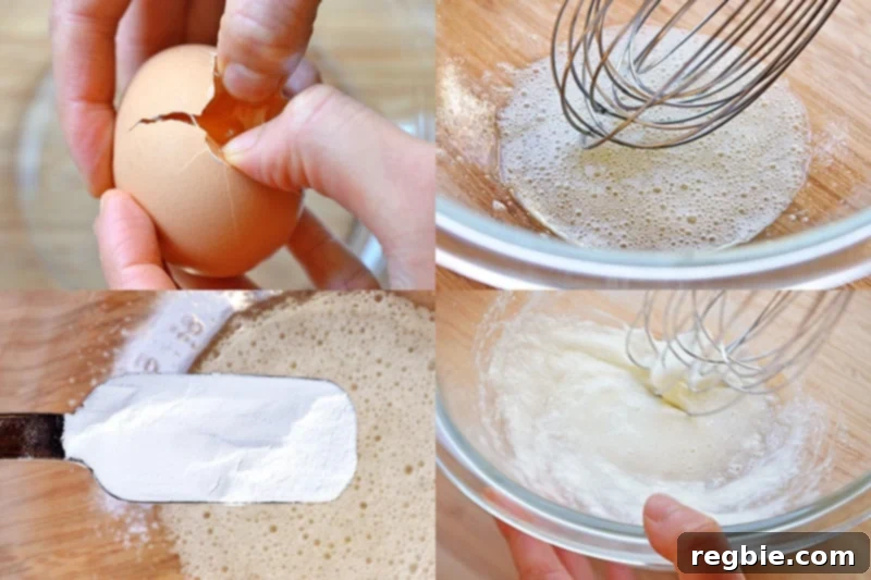 A sequence of images showing the steps to make the crispy coating: whisking egg white, adding tapioca starch, and achieving a smooth batter for Paleo Walnut Shrimp.