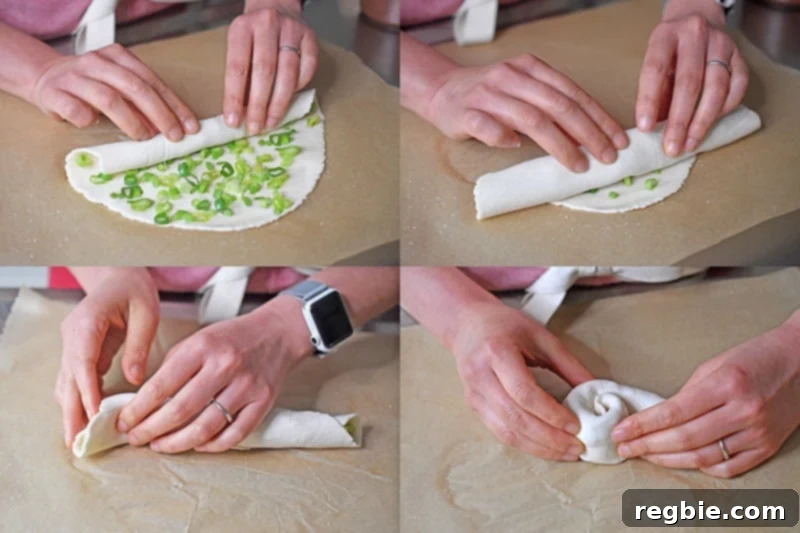 A four-step shot that shows someone rolling up the Paleo Scallion Pancake dough into a cigar shape and then wrapping it around like a cinnamon roll.