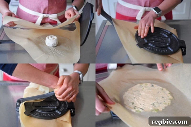 A four-step shot of someone flattening the Paleo Scallion Pancake dough in a tortilla press