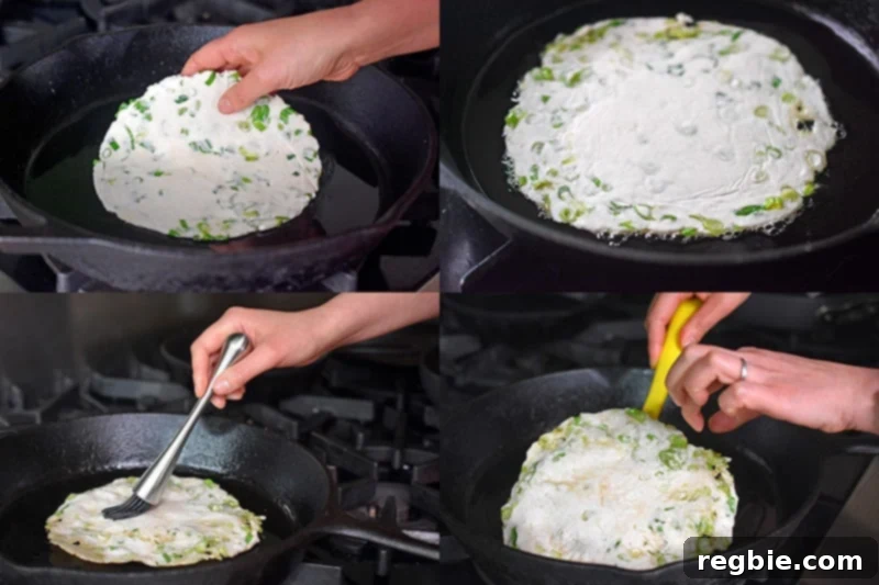A four-step shot of someone frying a Paleo Scallion Pancake in a large cast iron skillet.