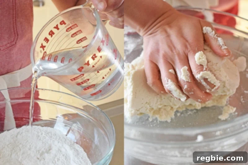 Adding hot water to the form the dough for Paleo Scallion Pancakes and kneading them by hand.