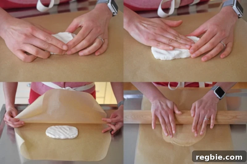 A four step shot of how to flatten the paleo scallion pancake dough between parchment paper and a rolling pin.