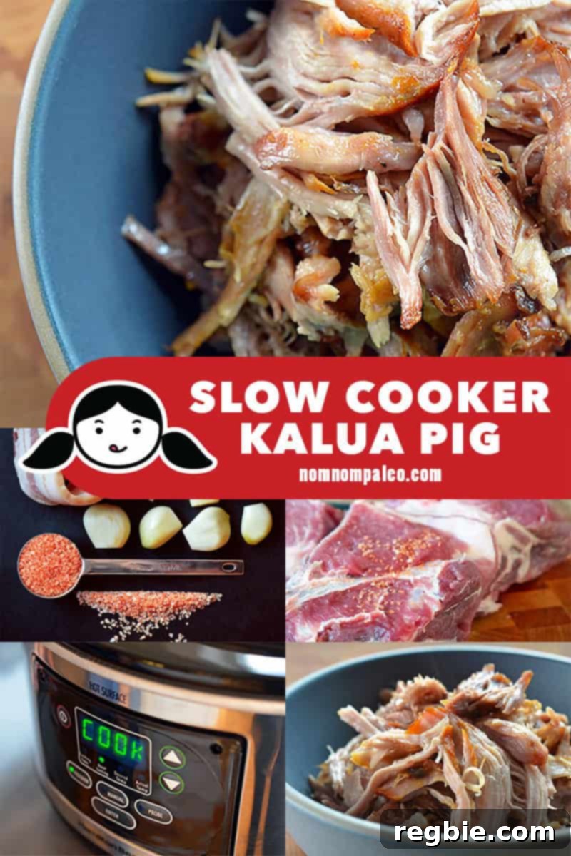 A visual collage illustrating the key preparation steps for Slow Cooker Kalua Pig, from salting the roast to the final shredding.