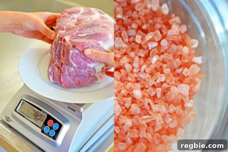 A pork shoulder roast being weighed on a kitchen scale, with a close-up of Alaea Red Hawaiian Coarse Sea Salt on the side, emphasizing the importance of accurate measurement.