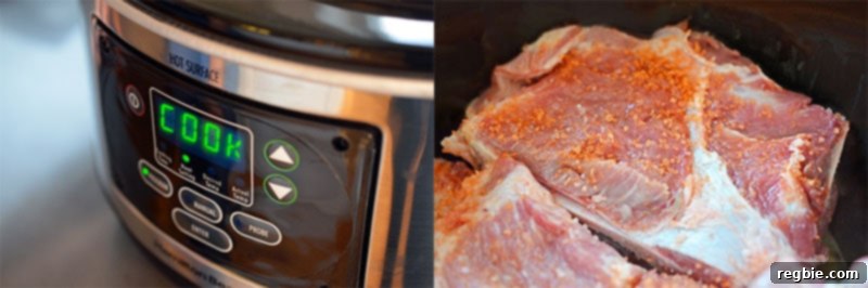 A side-by-side view: on the left, an empty slow cooker; on the right, the seasoned pork shoulder roast placed inside the slow cooker on a bed of bacon, ready for cooking.