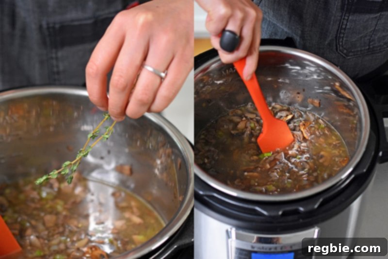 Someone adding in thyme sprigs into an Instant Pot for Instant Pot mushroom soup.