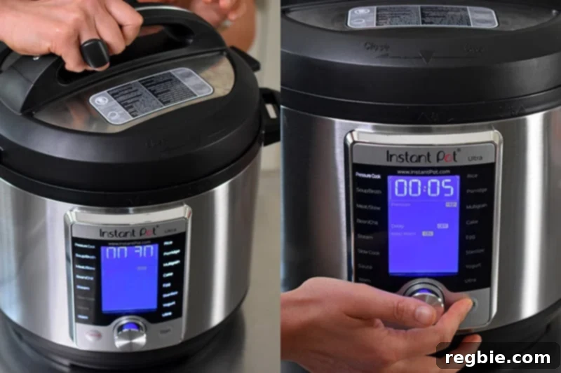 Someone locking the lid on an Instant pot and programming it to cook under high pressure.