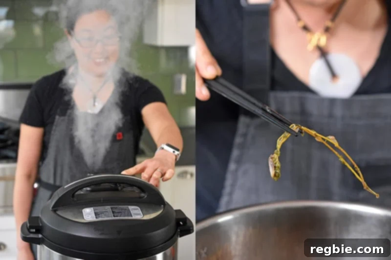 Someone manually releasing the Instant Pot and taking our the thyme sprig.