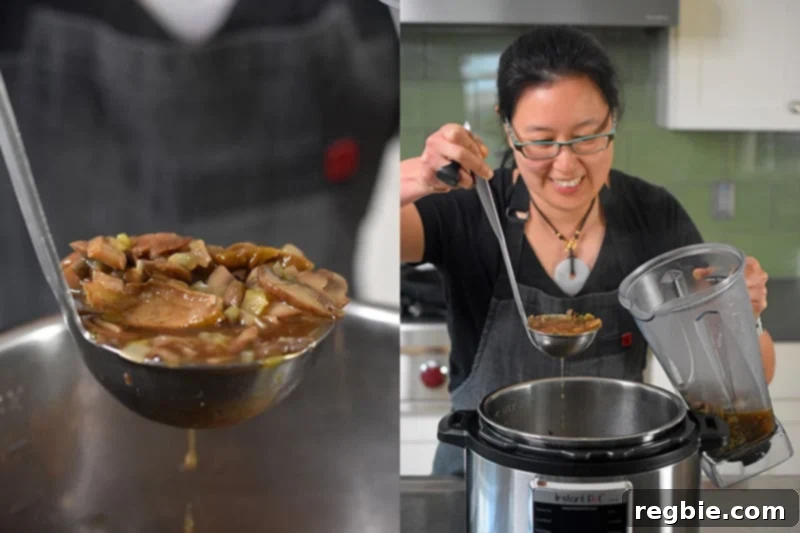 Someone ladling out the cooked mushrooms out of the Instant Pot and into a high speed blender.