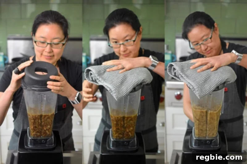 Blending the Instant Pot Cream of Mushroom Soup ingredients in a high speed blender.