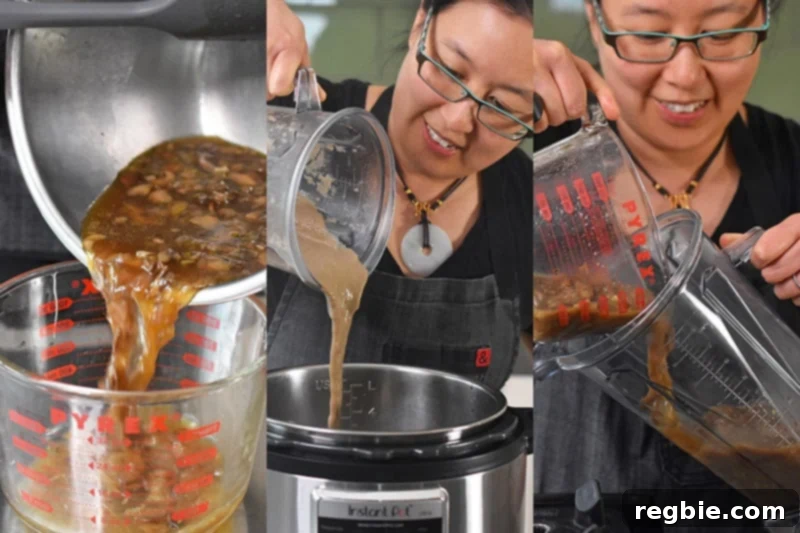 Transferring the rest of the Instant Pot cream of mushroom soup into a high speed blender.