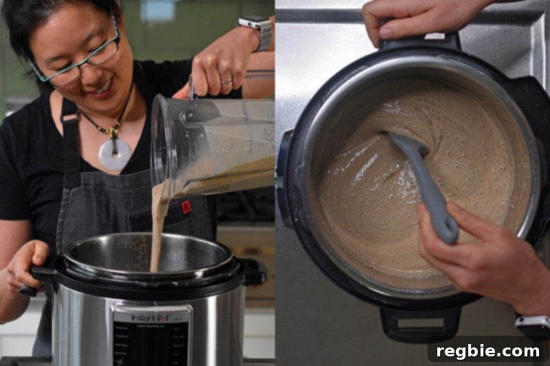 Stirring together the two halves of the Instant Pot Cream of Mushroom Soup into the Instant Pot.