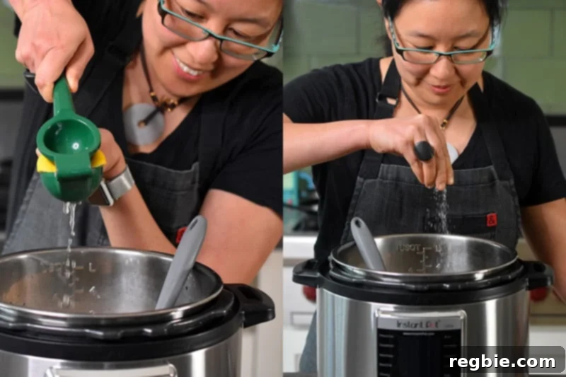 Someone adding lemon juice and salt into the Instant Pot.
