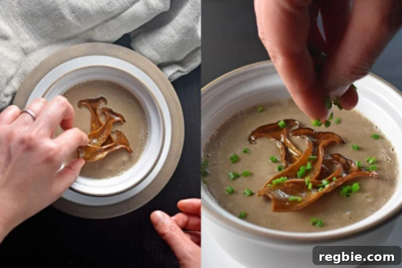Someone garnishing the Instant Pot cream of mushroom soup.