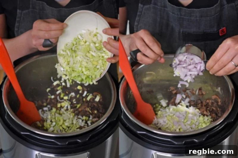 Someone tossing in diced leeks and shallots into the Instant Pot.