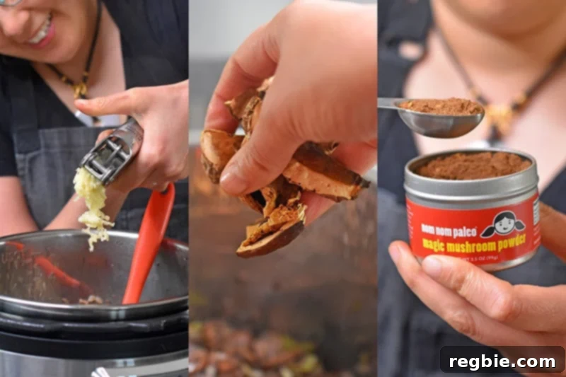 Someone adding in garlic, dried mushrooms, and magic mushroom powder into the Instant Pot.