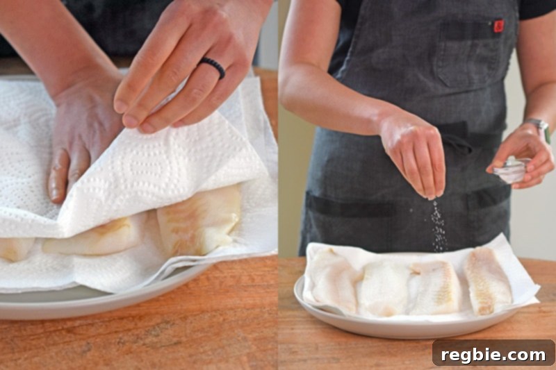 Patting dry cod filets with paper towels and sprinkling salt on the fish, ensuring even seasoning.