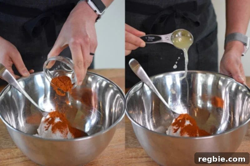 Making the marinade for Tandoori Fish by combining tandoori spices, coconut yogurt, and lemon juice in a silver bowl, ensuring a smooth mixture.