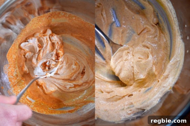 Mixing the marinade for Tandoori Fish with a spoon until evenly combined and then adding the fish fillets.