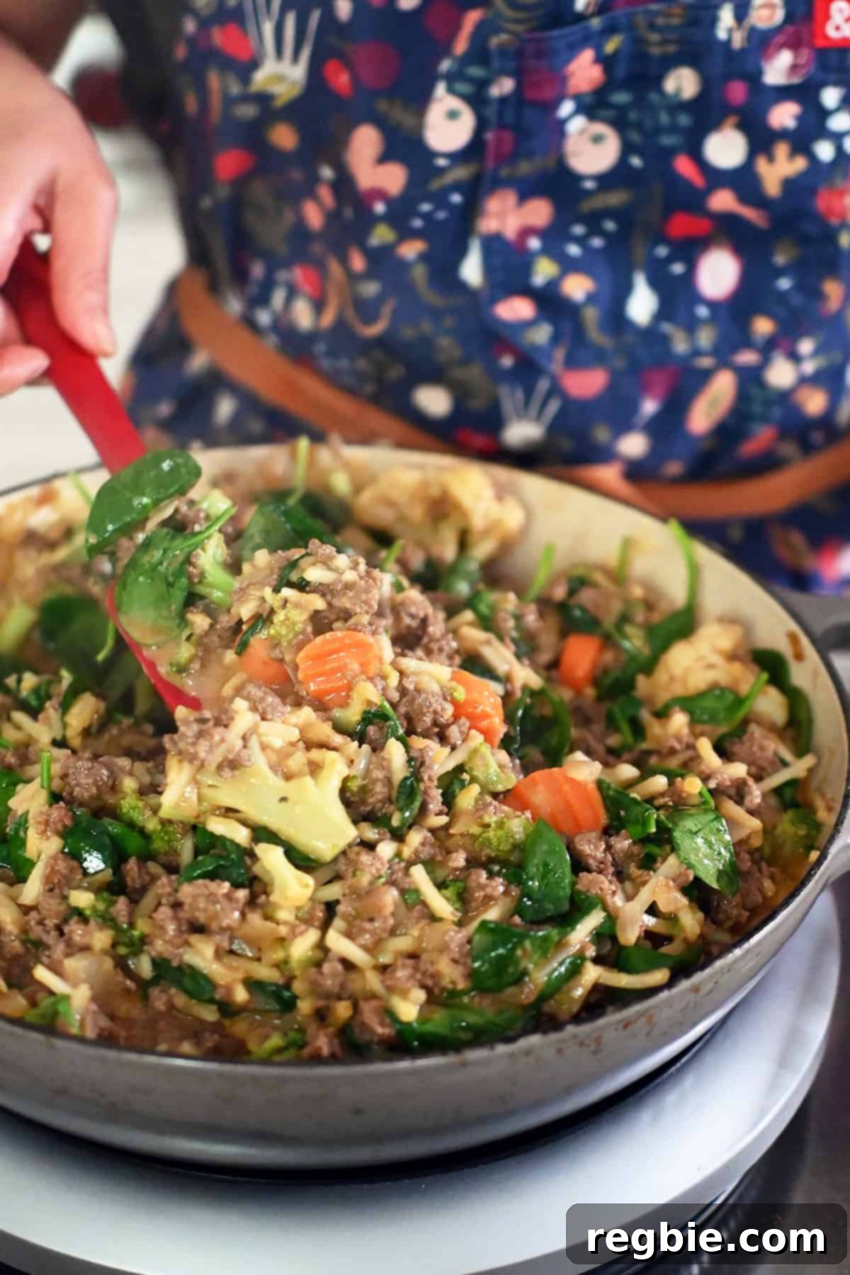 One-Pan Ground Beef and Veggie Power Bowl 19 Spinach wilted in skillet