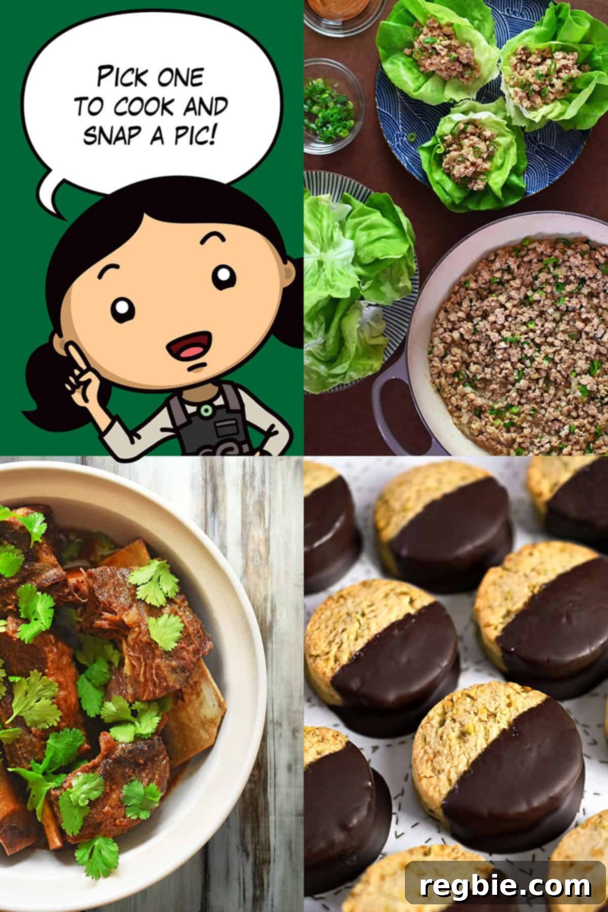March Culinary Quest 2026 3 A cartoon Michelle Tam is announcing the three recipes for the March 2026 cooking challenge: chicken lettuce wraps, Korean Short Ribs, and Chocolate Dipped Pistachio Cookies, with vibrant illustrations of each dish.