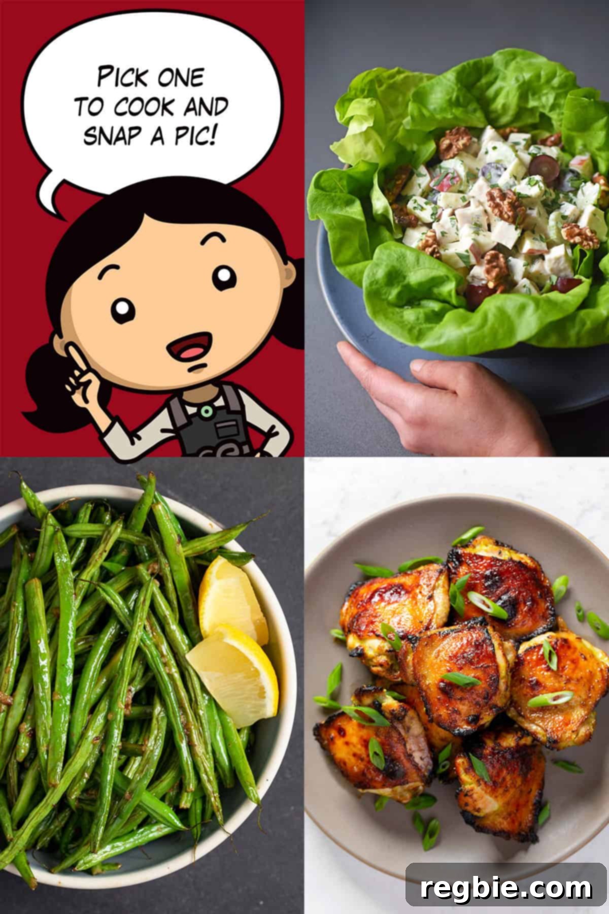 April 2026 Culinary Gauntlet 3 A cartoon Michelle is surrounded by pictures of the three recipes for the April 2026 Nom Nom Paleo Cooking Challenge.