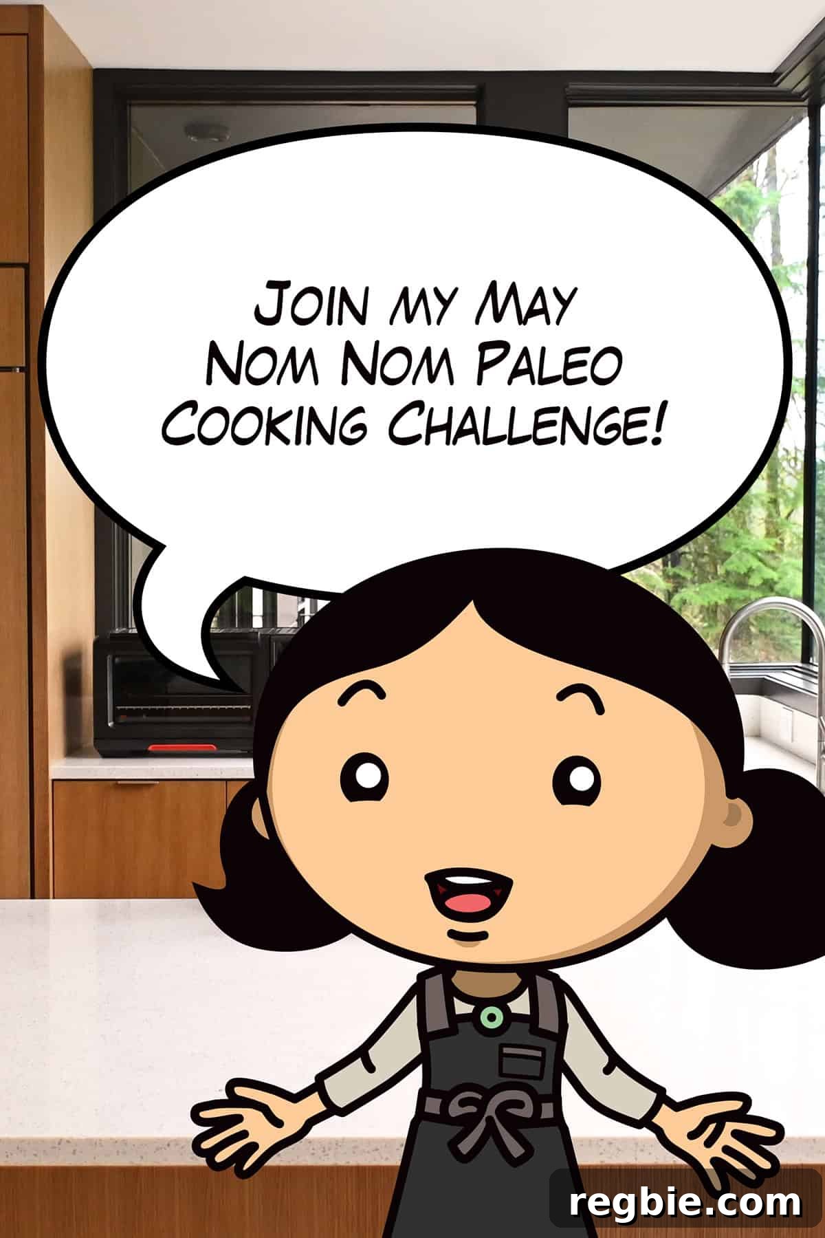 May 2026 Cooking Challenge: Creative Recipes & Weekly Themes 2 A cartoon Michelle Tam is in a kitchen announcing the May Nom Nom Paleo Cooking Challenge.