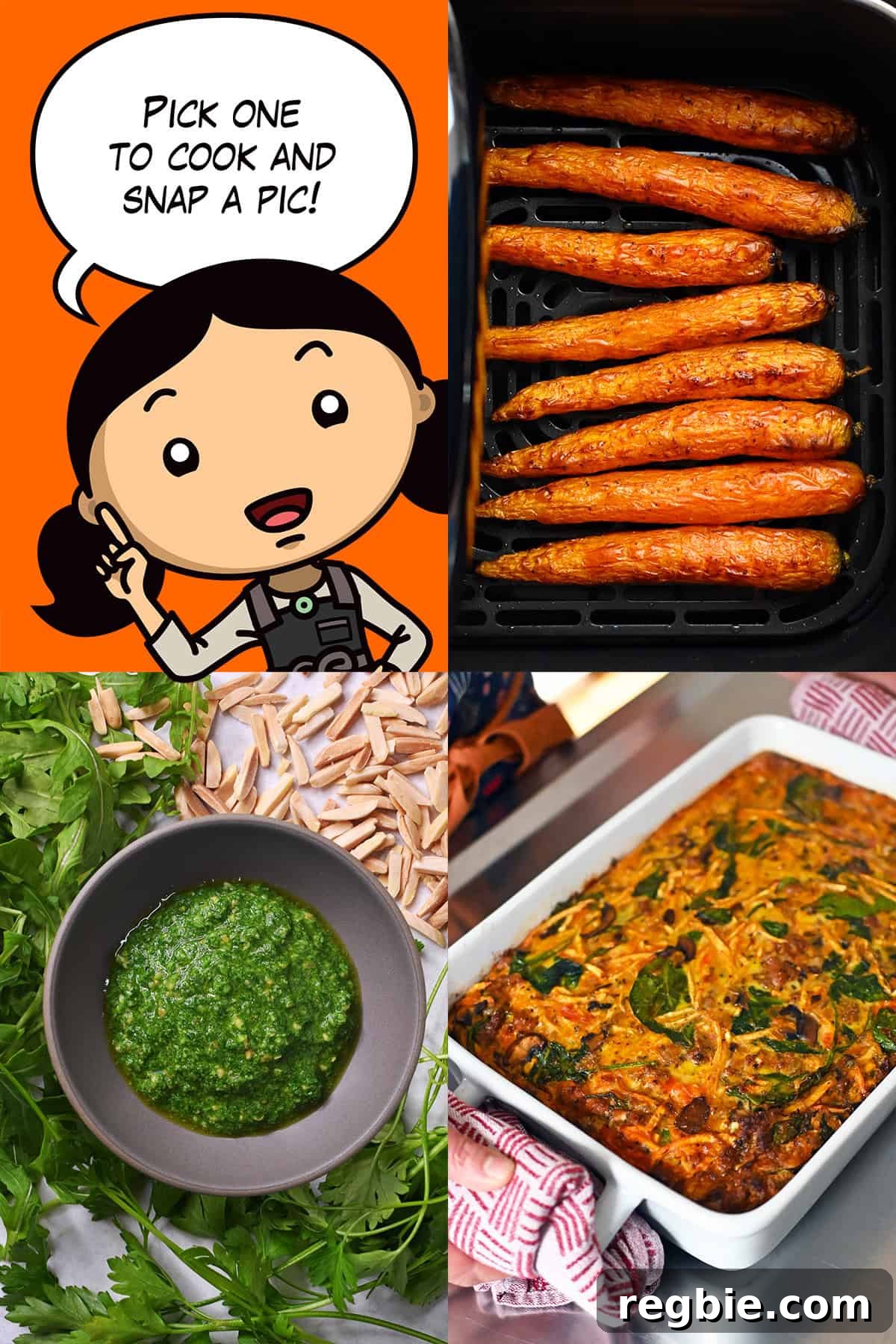 May 2026 Cooking Challenge: Creative Recipes & Weekly Themes 3 A cartoon Michelle Tam is surrounded by pictures of the three dishes featured in the May Cooking challenge: air fryer carrots, Italian sausage breakfast casserole, and arugula pesto.