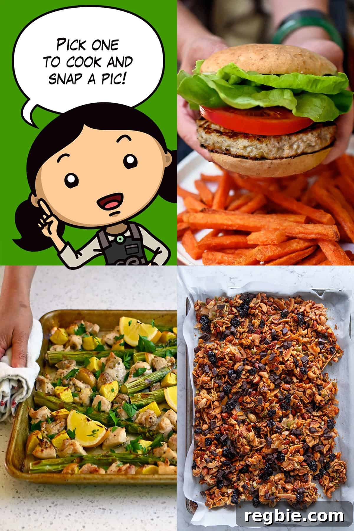 A cartoon Michelle Tam is showing the three recipes for the June 2026 cooking challenge: turkey burgers, chocolate cherry granola, and sheet pan greek chicken and potatoes.