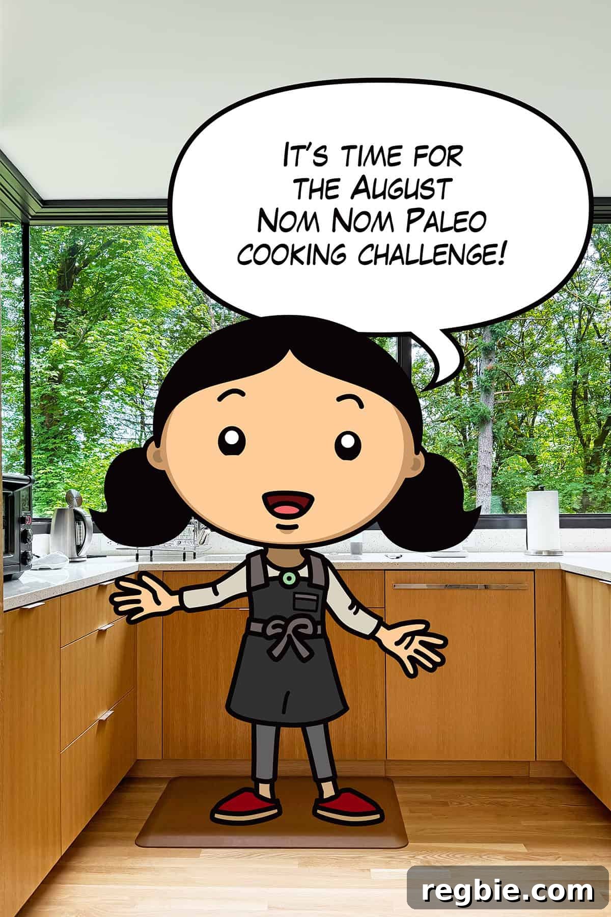 Join the August 2026 Cooking Challenge: Win Prizes & Share Recipes 2 A cartoon Michelle Tam is in a kitchen announcing the August Nom Nom Paleo cooking challenge.