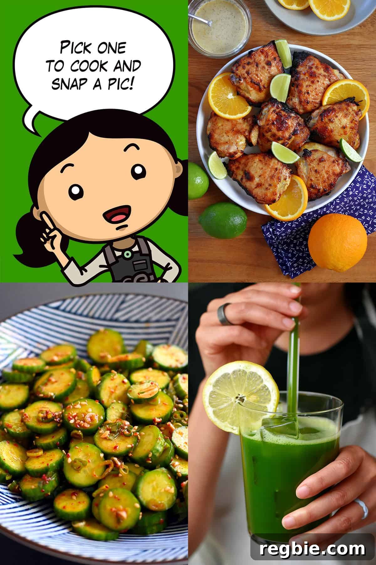 Join the August 2026 Cooking Challenge: Win Prizes & Share Recipes 3 A cartoon Michelle Tam is announcing the three recipes in the August cooking challenge: Mojo Chicken, Matcha Lemonade, and Korean Cucumber Salad.