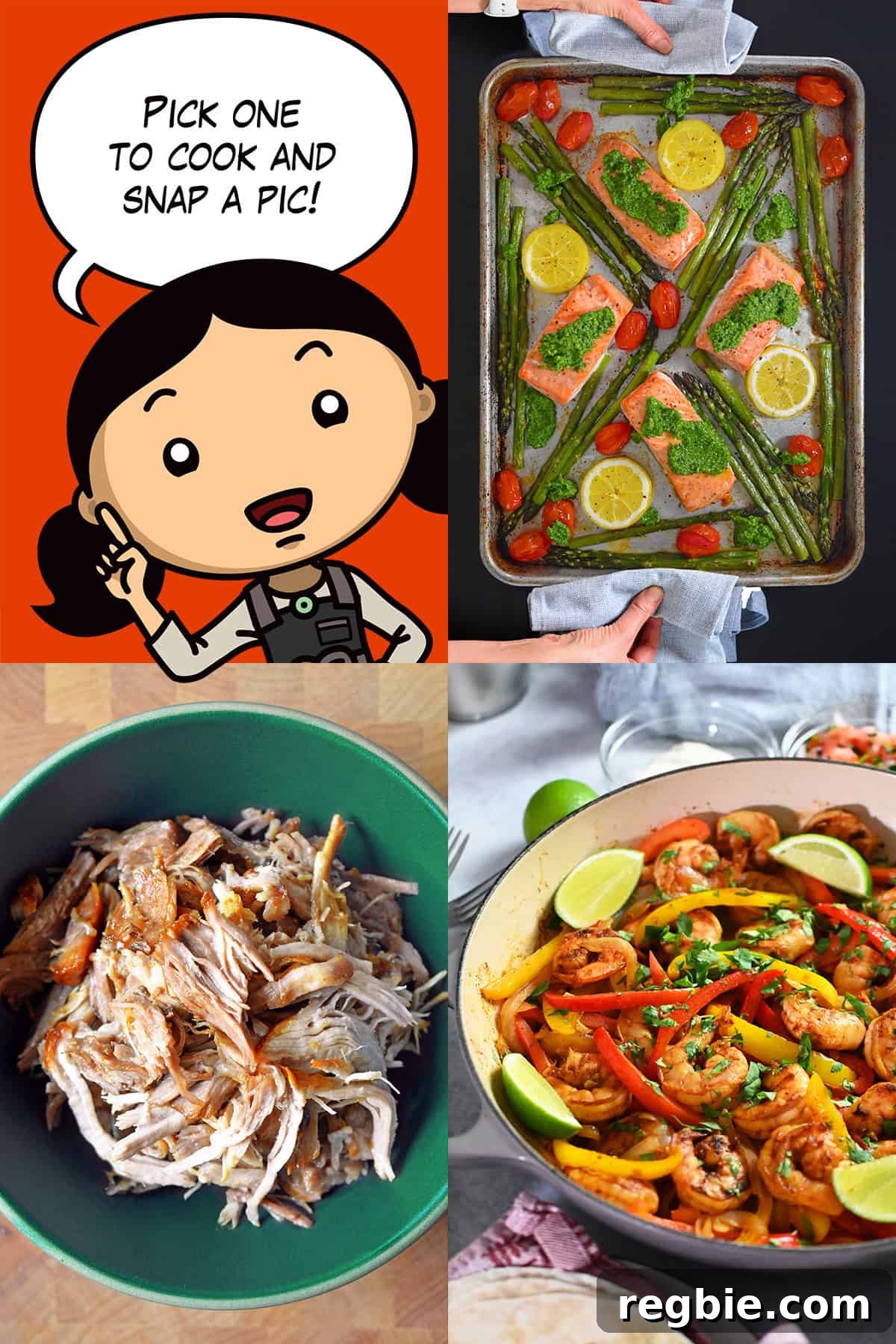 A cartoon Michelle Tam announcing the three recipes for the September 2026 Cooking Challenge: sheet pan salmon and veggies, shrimp fajitas, and Instant Pot Kalua Pork.