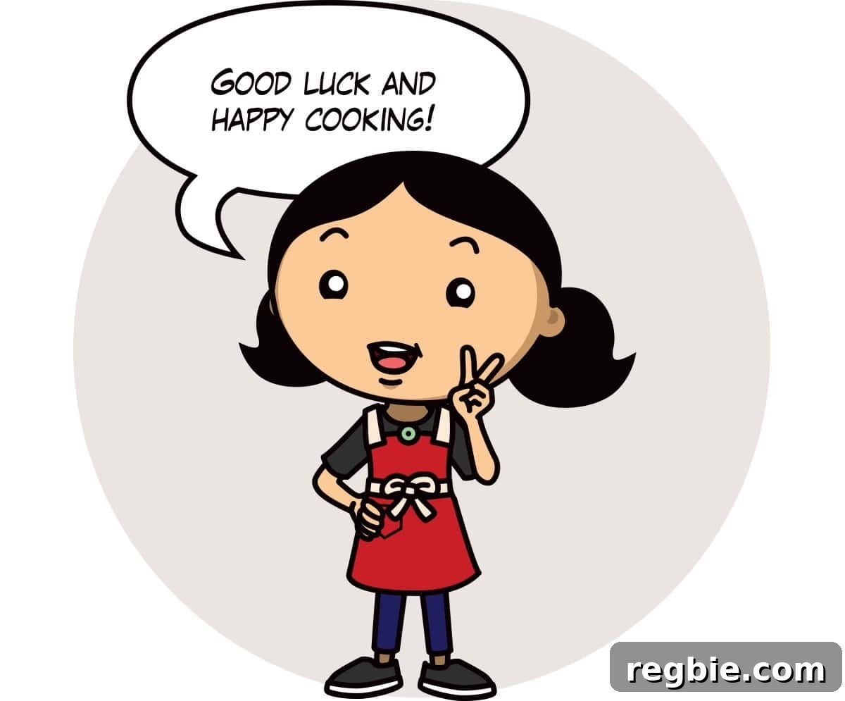 A cartoon Michelle Tam in a red apron has a word bubble that says,"Good luck and happy cooking!"